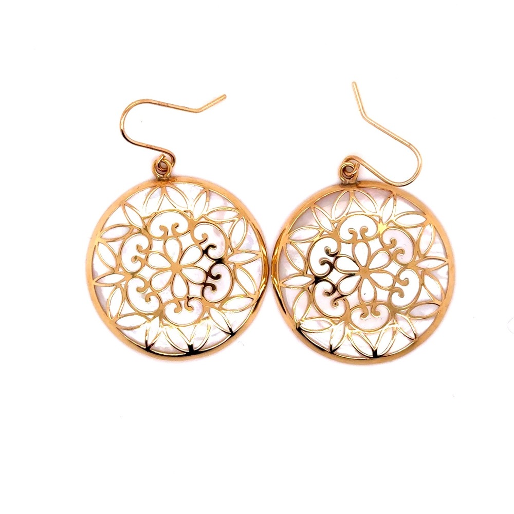 14k Gold Mother of Pearl Filigree Floral Circle Drop Earrings French Wire